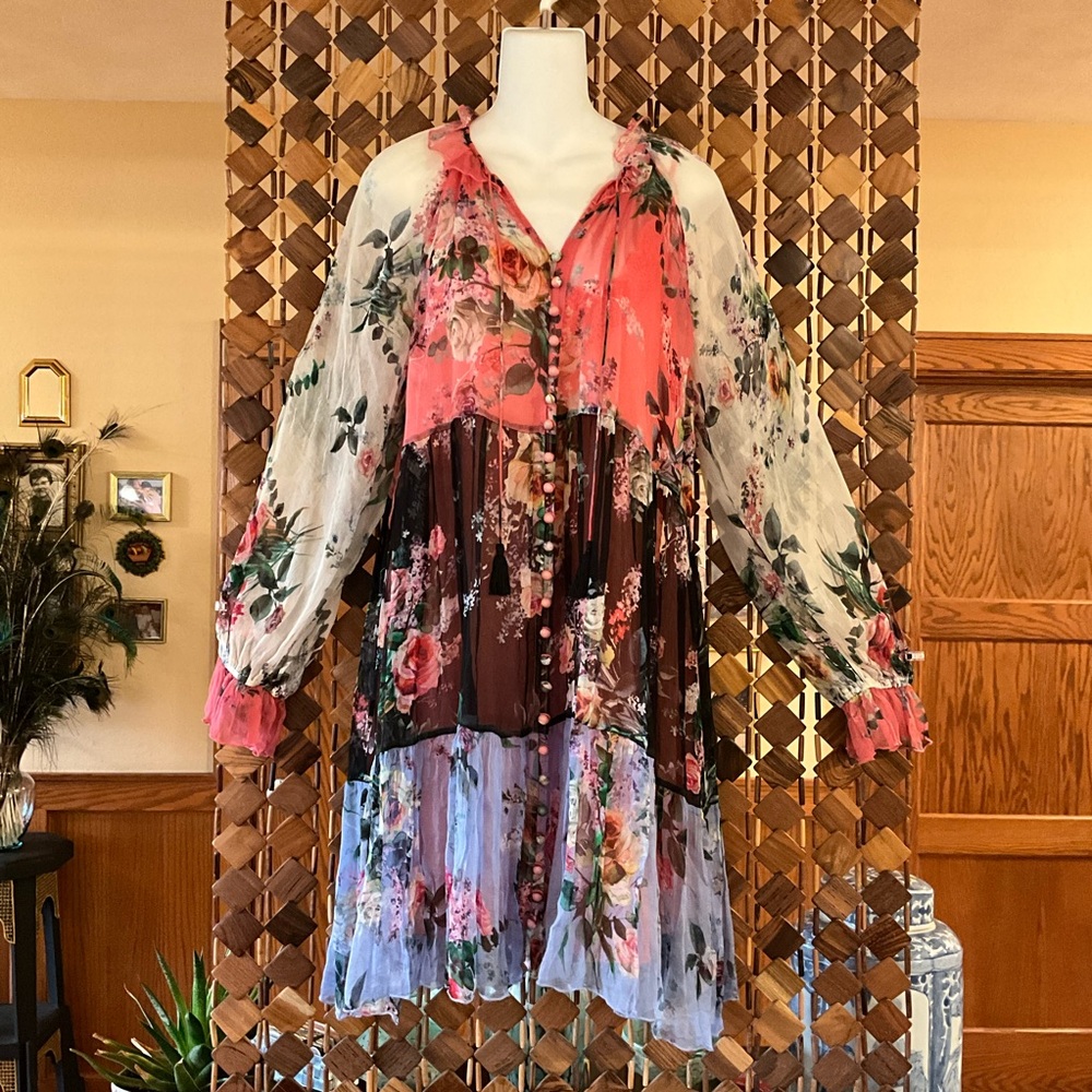 NWT$358 Johnny Was Jade Adore Silk Chiffon Mini Dress SMALL